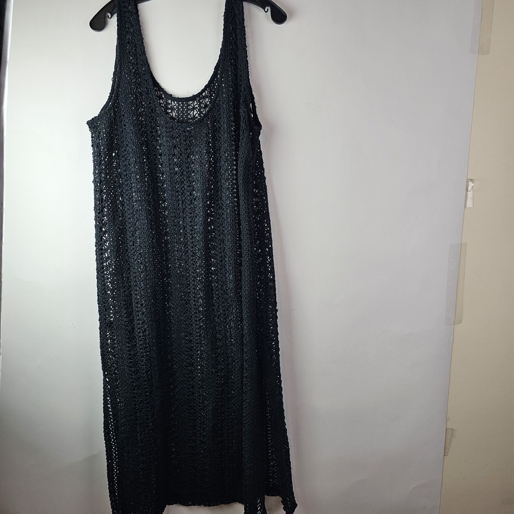 F&F Black Cotton Crochet Dress XL Sleeveless Openweave Sheer Dress Side Slits - Picture 7 of 10